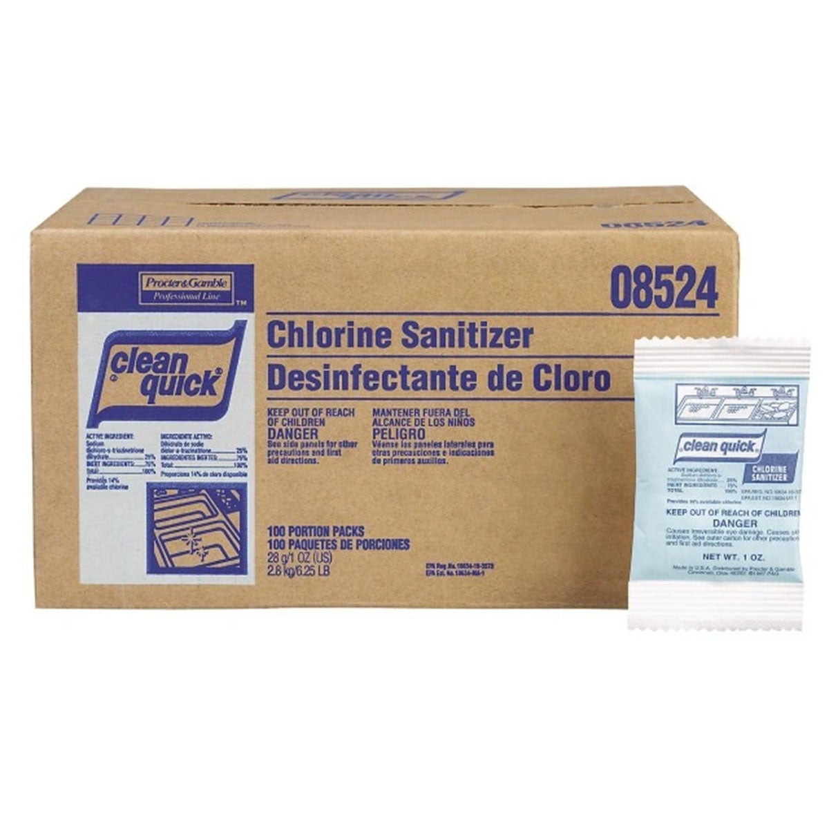 P&G Professional Clean Quick® Chlorine Sanitizer, Concentrate Powder Packets, 1-50, 1 oz packet - 100/cs