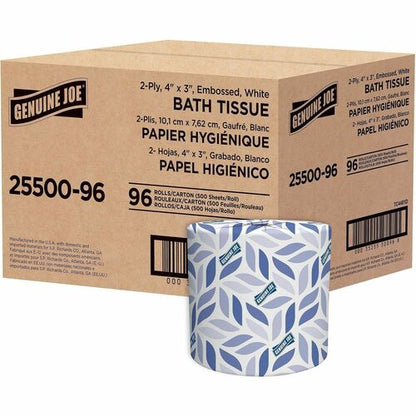 25500-96 Genuine Joe 2-PLY Universal Bath Tissue, Sheet Size: 4" W x 3.5" L, Embossed, 500 sheet roll, 96 per case — FREE SHIPPING*