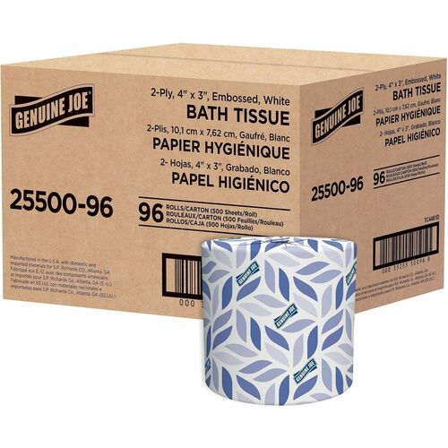 25500-96 Genuine Joe 2-PLY Universal Bath Tissue, Sheet Size: 4" W x 3.5" L, Embossed, 500 sheet roll, 96 per case — FREE SHIPPING*
