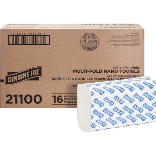 21100 Genuine Joe Multifold Towels, 1 Ply, 9.20" x 9.40" Sheet, White, 4000 per case — FREE SHIPPING*