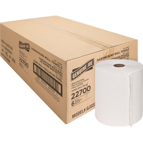 22700 Genuine Joe® Universal Hard Wound Roll Towel, White, 800' roll, 6 per case — FREE SHIPPING*
