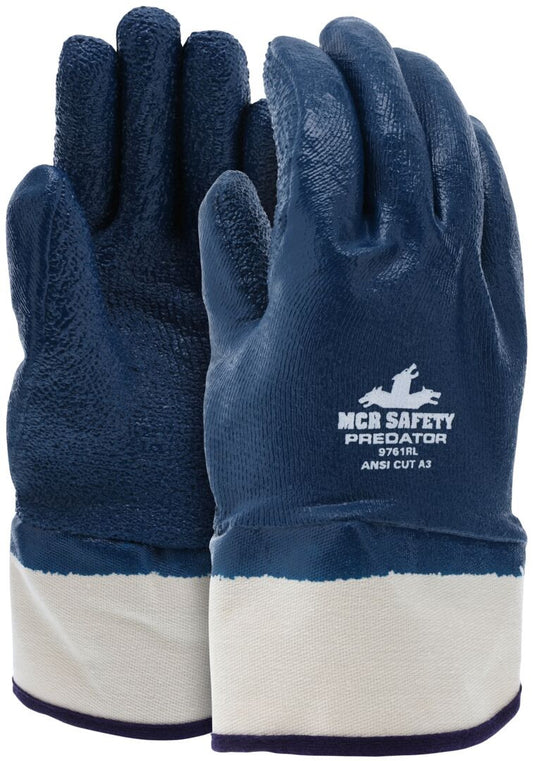 9761R MCR Safety Predator® Fully Rough Nitrile Coated Work Gloves w/Safety Cuff, ANSI Cut: A3, Jersey Lined, Treated with ActiFresh®, Blue/White - 6 dz/cs