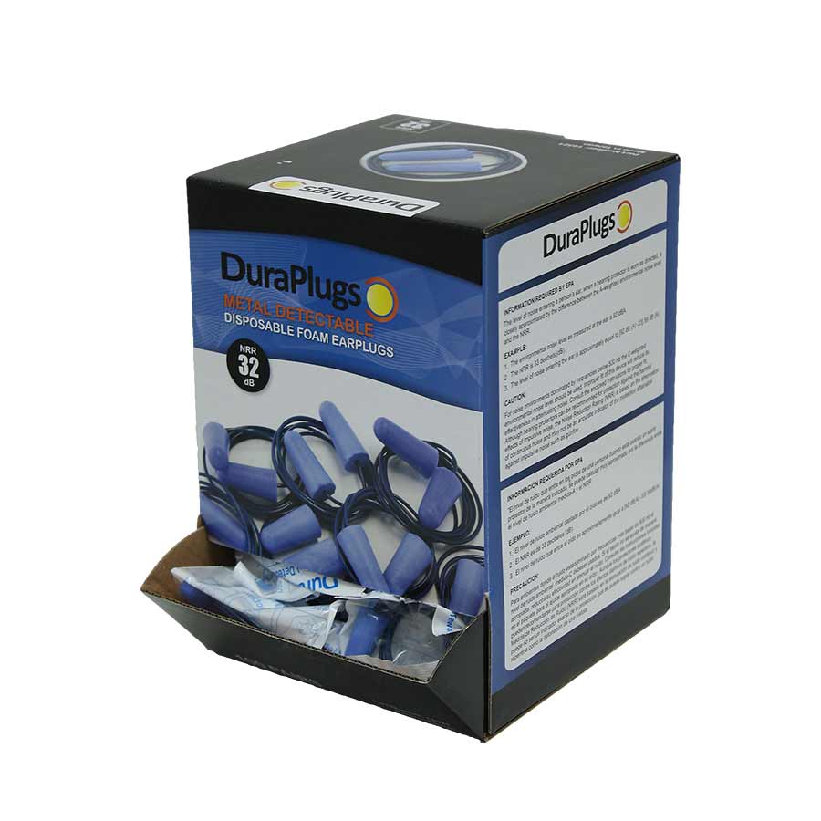 Blue Metal-Detectable Foam Ear Plugs w/Blue PVC Cord, NRR 32 dB - 100 pairs per box — FREE SHIPPING*