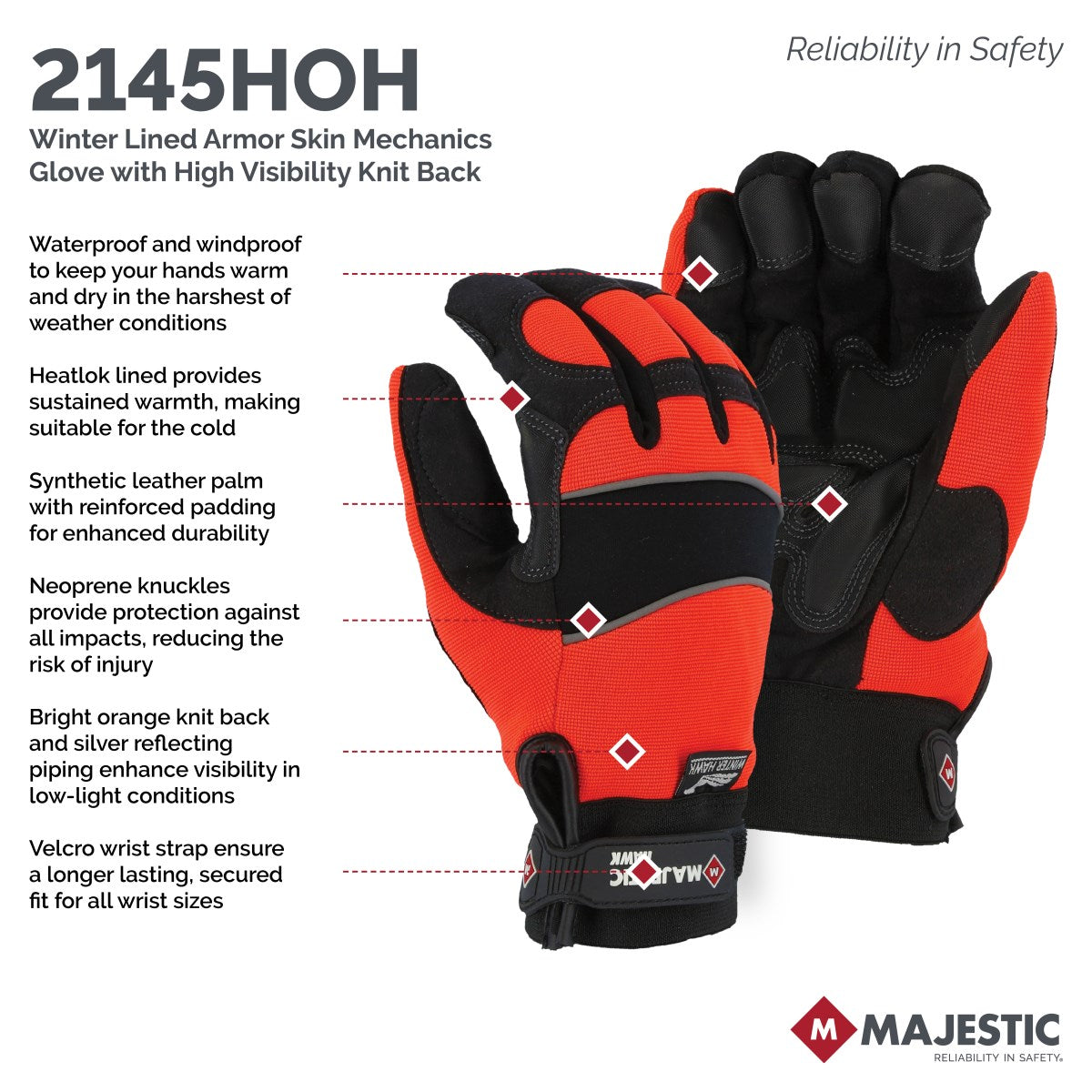 2145HYH Majestic Winter Lined Mechanics Glove with Hi-Viz Knit Back — 12 Pairs or 72 Pairs — FREE SHIPPING*