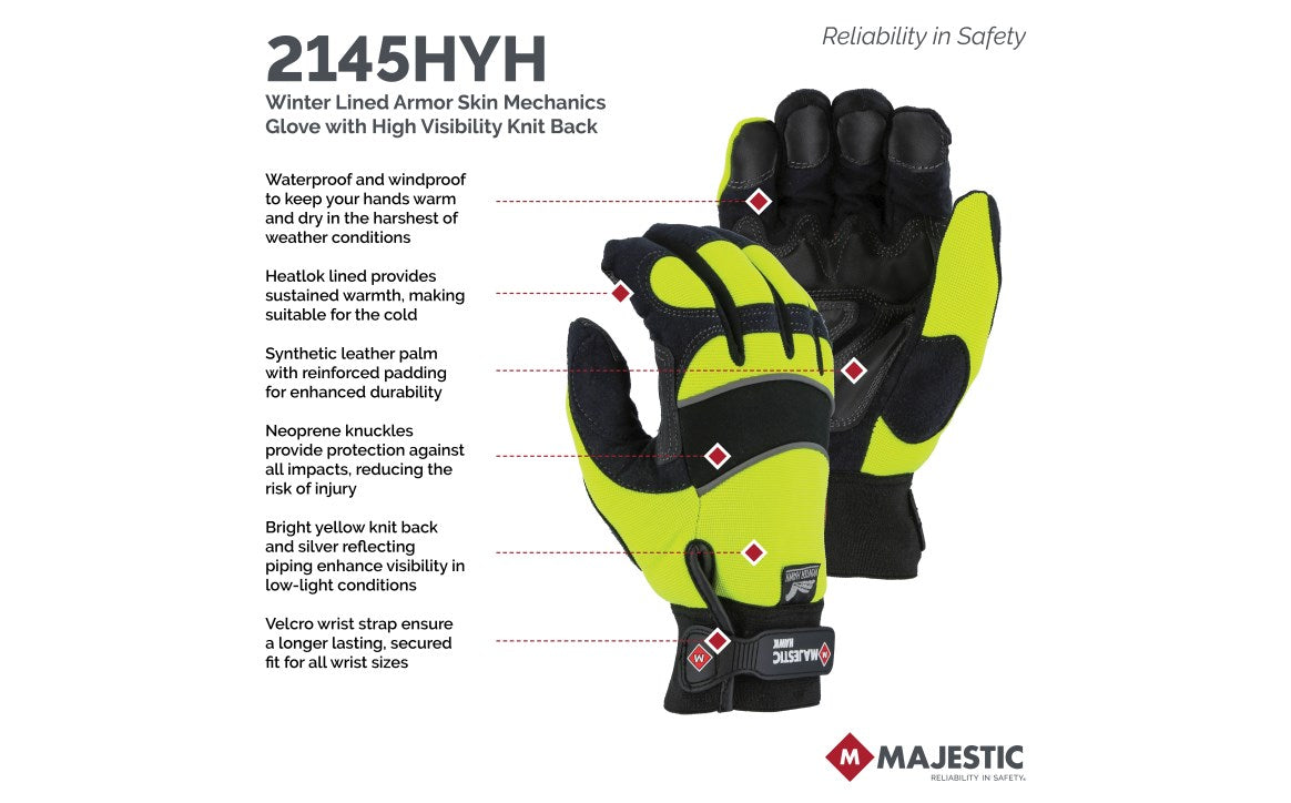 2145HOH Majestic Winter Lined Mechanics Glove with Hi-Viz Knit Back — 12 Pairs or 72 Pairs — FREE SHIPPING*