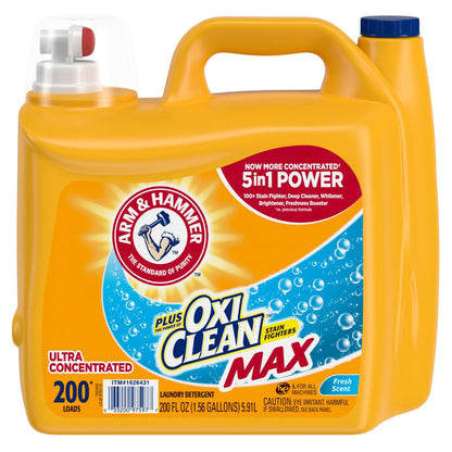 ARM & HAMMER™ Plus OxiClean Max HE Liquid Laundry Detergent, Fresh Scent, 200 Loads - 200 fl oz Dispenser Jug