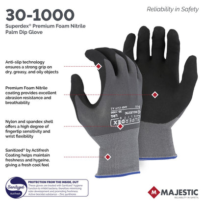 30-1000 Majestic Premium Foam Nitrile Palm on Nylon/Spandex — 12 Pairs or 144 Pairs — FREE SHIPPING*