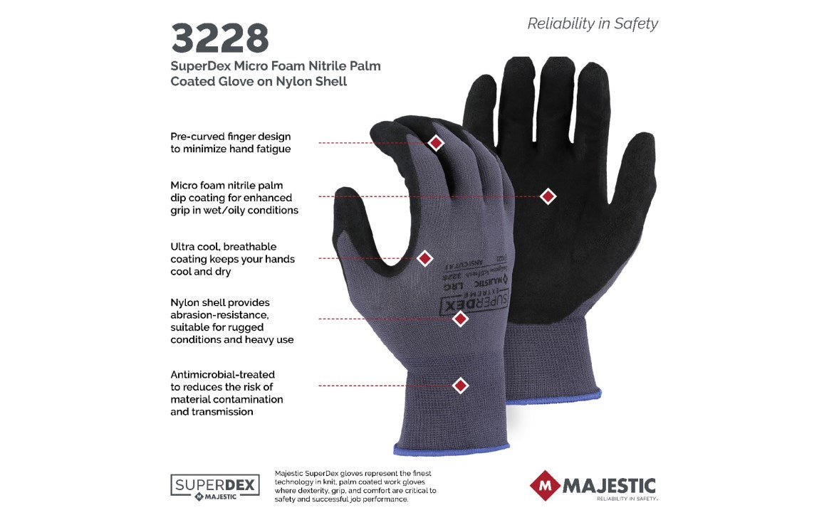 3228 Majestic SuperDex® Micro Foam Nitrile Palm Coated Glove — 12 Pairs or 144 Pairs — FREE SHIPPING*