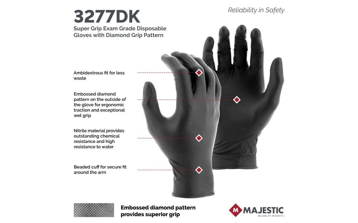 3277DK Majestic Diamond Grip Disposable Exam Grade 8 MIL Nitrile Glove, Blk — 1 Box or 10 Boxes — FREE SHIPPING*