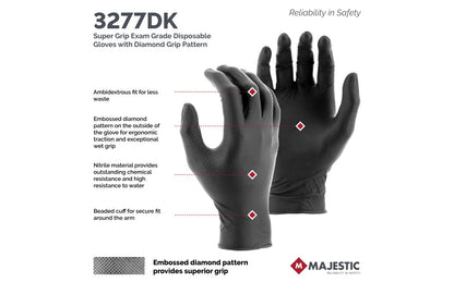 3277DK Majestic Diamond Grip Disposable Exam Grade 8 MIL Nitrile Glove, Blk — 1 Box or 10 Boxes — FREE SHIPPING*