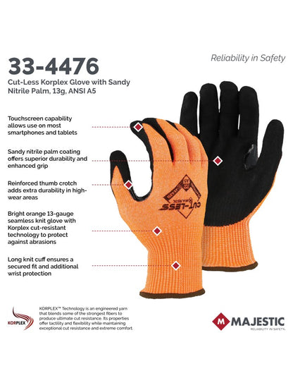 33-4476 Majestic Cut-Less Korplex Glove with Sandy Nitrile Palm, 13g, ANSI A5 — 12 Pairs or 120 Pairs —  FREE SHIPPING*