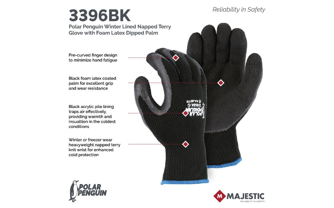 3396BKT Majestic Winter Lined Polar Penguin w/Foam Latex Palm — 12 Pairs or 144 Pairs — FREE SHIPPING*