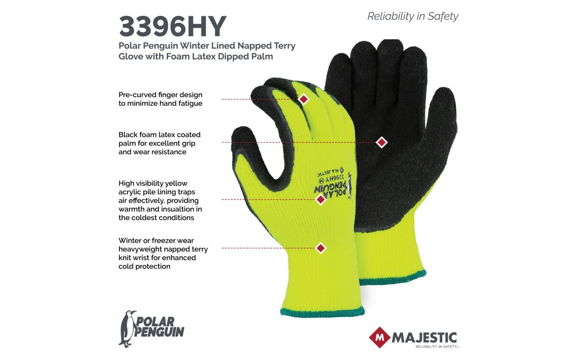 3396HO Majestic Polar Penguin® Winter Lined Glove w Foam Latex Palm — 12 Pairs or 144 Pairs — FREE SHIPPING*