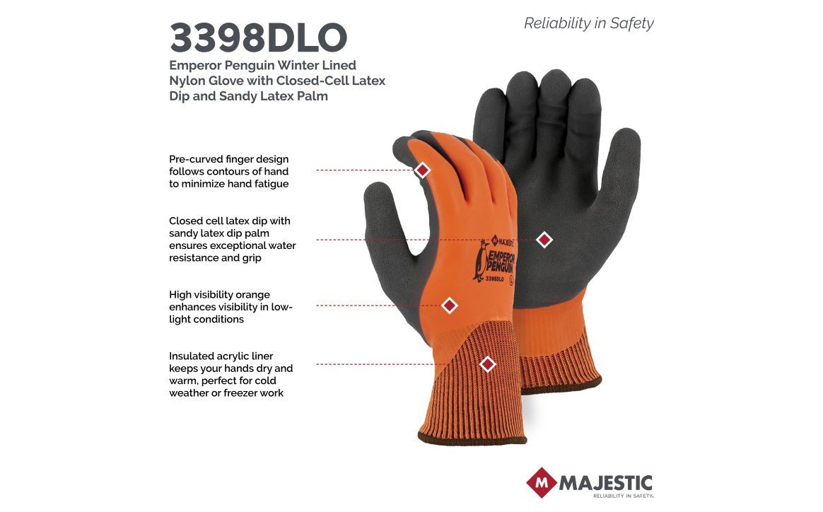 3398DLO Majestic Winter Lined Nylon w Closed-Cell Sandy Latex Palm — 12 Pairs or 144 Pairs — FREE SHIPPING*