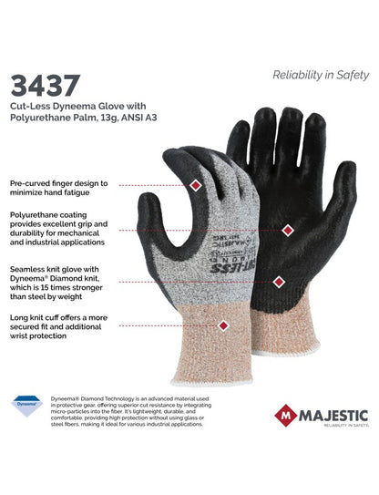 3437 Majestic Cut-Less Dyneema Glove with Polyurethane Palm, 13g, ANSI A3 — 12 Pairs or 120 Pairs — FREE SHIPPING*