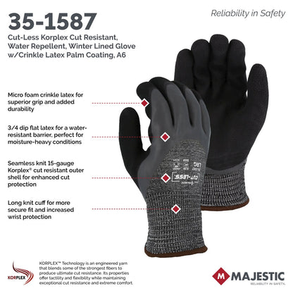 35-1587 Majestic Cut-Less® Winter Lined Glove w Korplex® Latex Palm, A5 — 12 Pairs or 120 Pairs — FREE SHIPPING*