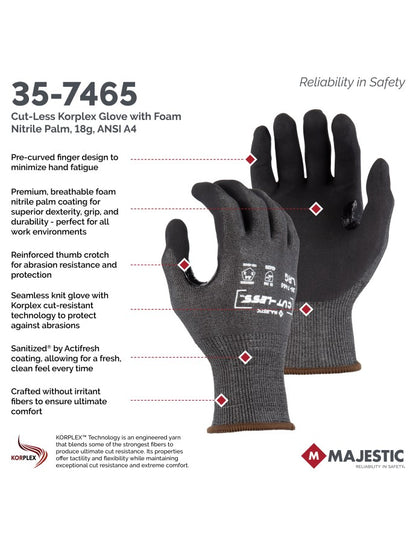 35-7465 Majestic Cut-Less Korplex Glove with Foam Nitrile Palm, 18g, ANSI A4 — 12 Pairs or 120 Pairs —  FREE SHIPPING*