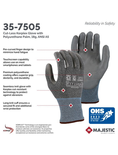 35-7505 Majestic Cut-Less Korplex Glove with Polyurethane Palm, 18g, ANSI A5 — 12 Pairs or 120 Pairs —  FREE SHIPPING*
