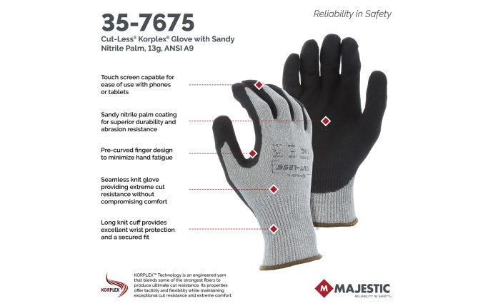 35-7675 Majestic Cut-Less Korplex Glove with Sandy Nitrile Palm, 13g, ANSI A9 — 12 Pairs or 120 Pairs —  FREE SHIPPING*