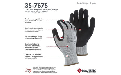 35-7675 Majestic Cut-Less Korplex Glove with Sandy Nitrile Palm, 13g, ANSI A9 — 12 Pairs or 120 Pairs —  FREE SHIPPING*