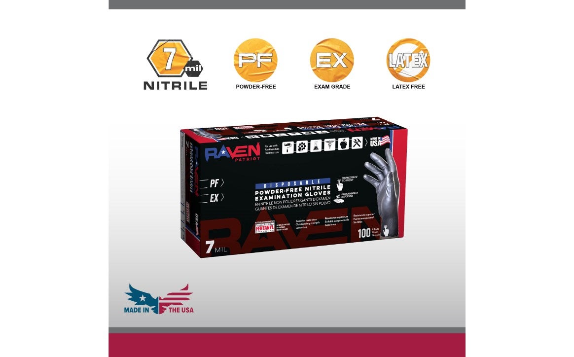 SAS Raven® Patriot Powder-Free 7 Mil Exam Grade, ASTM D6978 Fentanyl, Disposable Nitrile Gloves, Black, 100/bx - 10 bx/cs