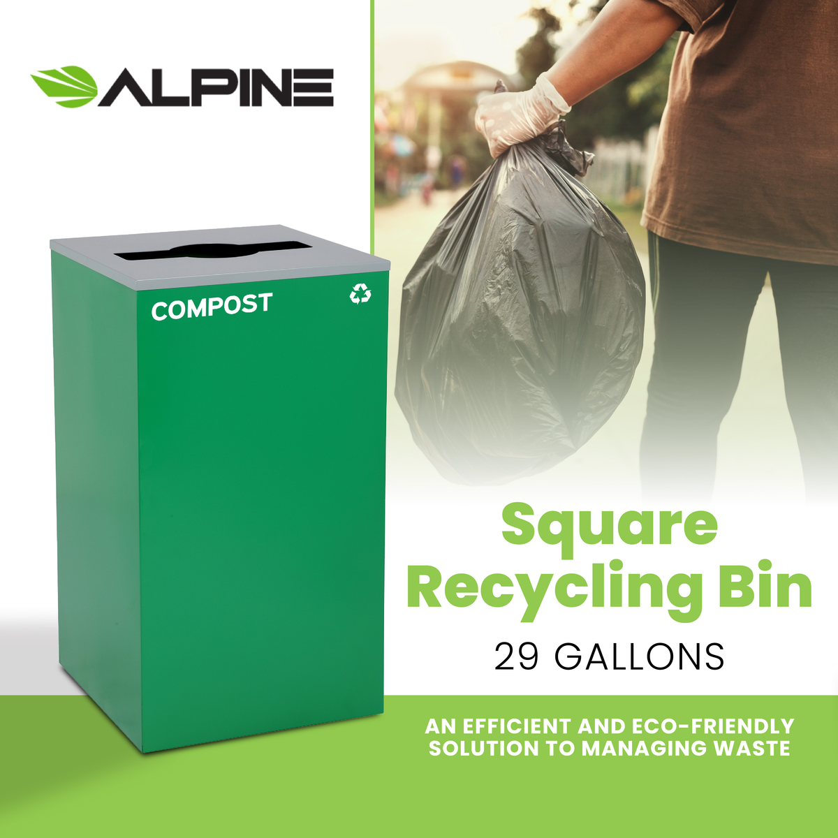 Square Recycling Bin – 29 Gallons - Green Can, Mixed Opening Lid, for Compost — FREE SHIPPING*