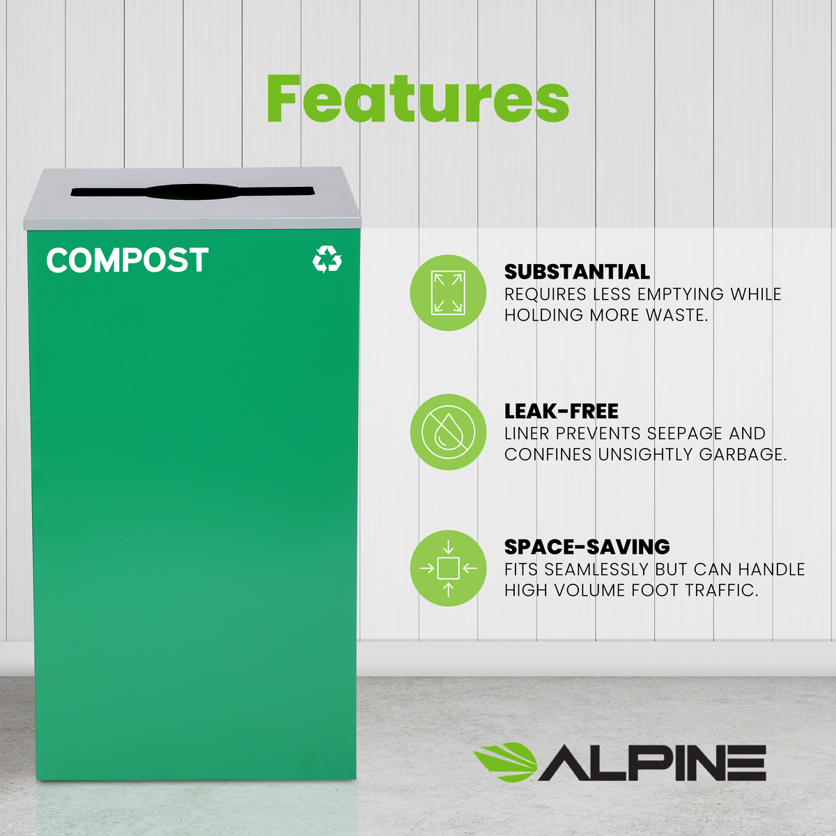 Square Recycling Bin – 29 Gallons - Green Can, Mixed Opening Lid, for Compost — FREE SHIPPING*
