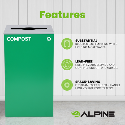 Square Recycling Bin – 29 Gallons - Green Can, Mixed Opening Lid, for Compost — FREE SHIPPING*