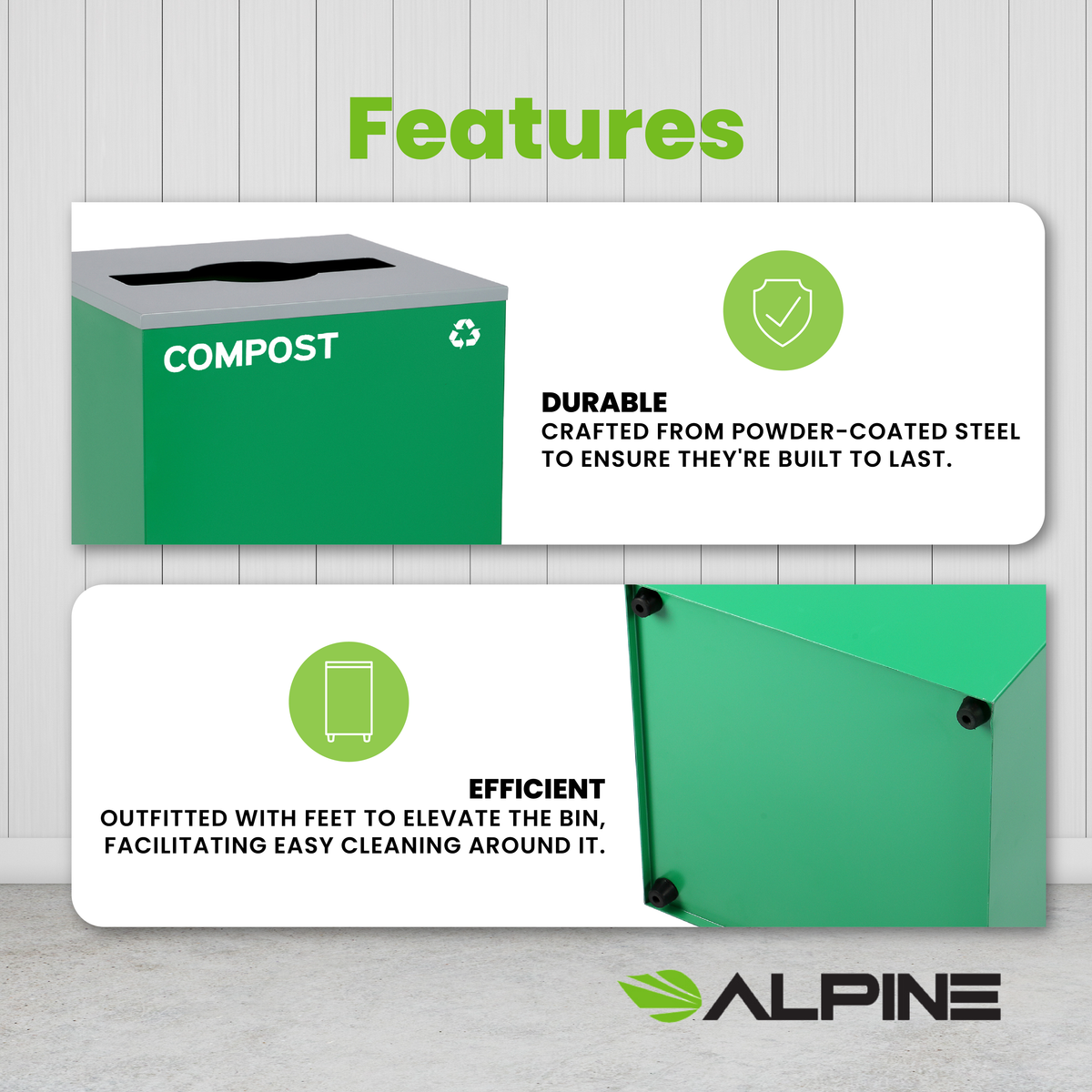 Square Recycling Bin – 29 Gallons - Green Can, Mixed Opening Lid, for Compost — FREE SHIPPING*