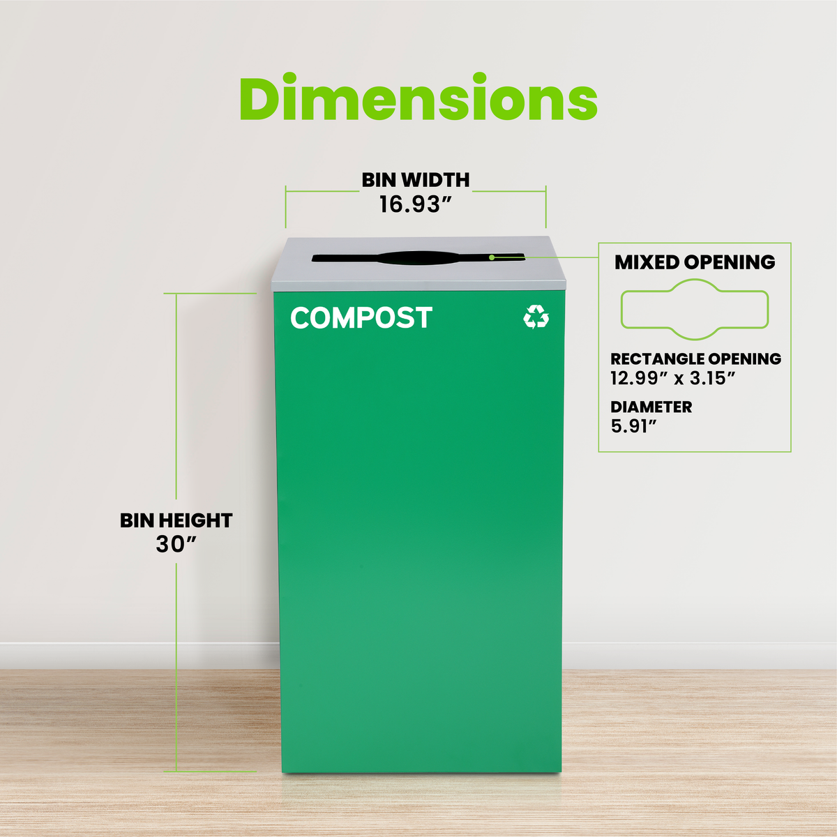 Square Recycling Bin – 29 Gallons - Green Can, Mixed Opening Lid, for Compost — FREE SHIPPING*