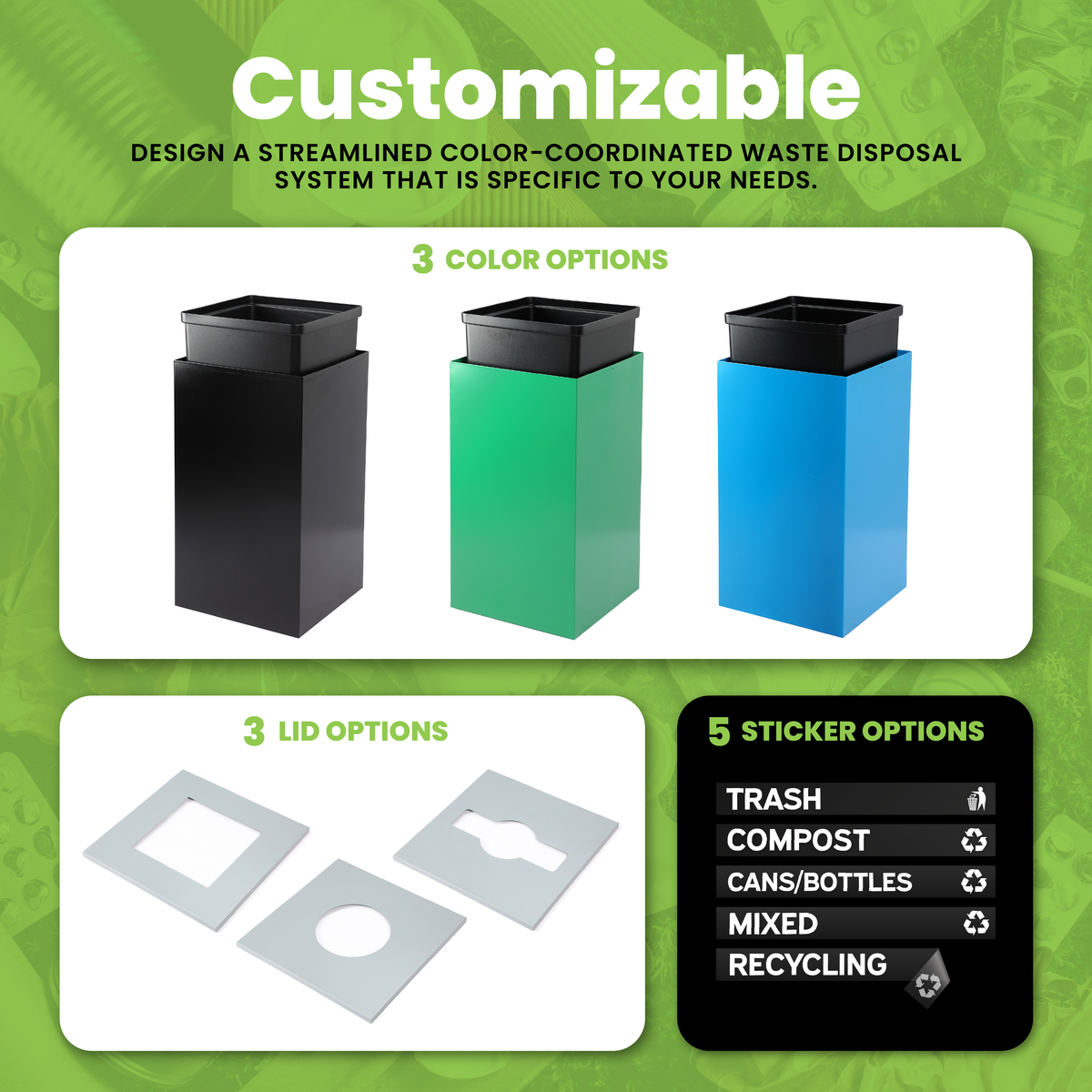 Square Recycling Bin – 29 Gallons - Green Can, Mixed Opening Lid, for Compost — FREE SHIPPING*