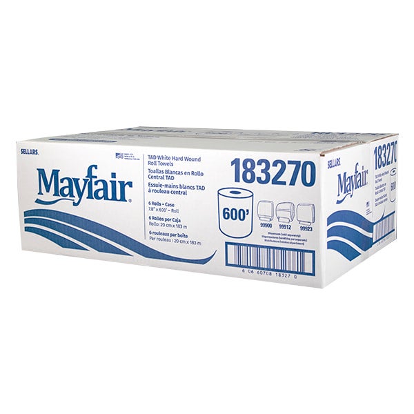 MAYFAIR® PREMIUM QUALITY TAD Universal Hard Wound Roll Towel, White, 600'/rl - 6/cs