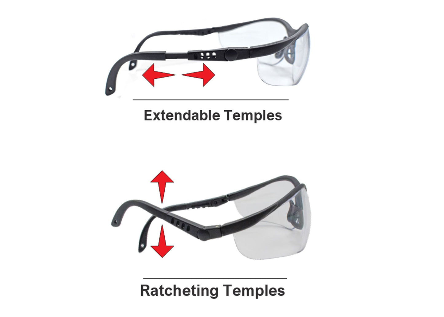 Cordova Akita™ Safety Glasses, 5-Position Ratcheting Extendable Temples, Dual Wrap-Around Scratch-Resistant Lens, Black Frame, Choose Your Lens