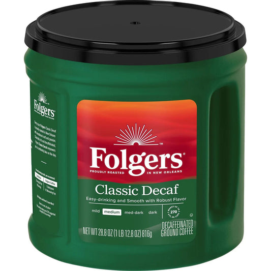 Folgers DECAF Classic Roast Ground Coffee, Medium Roast - 28.8 oz. Canister