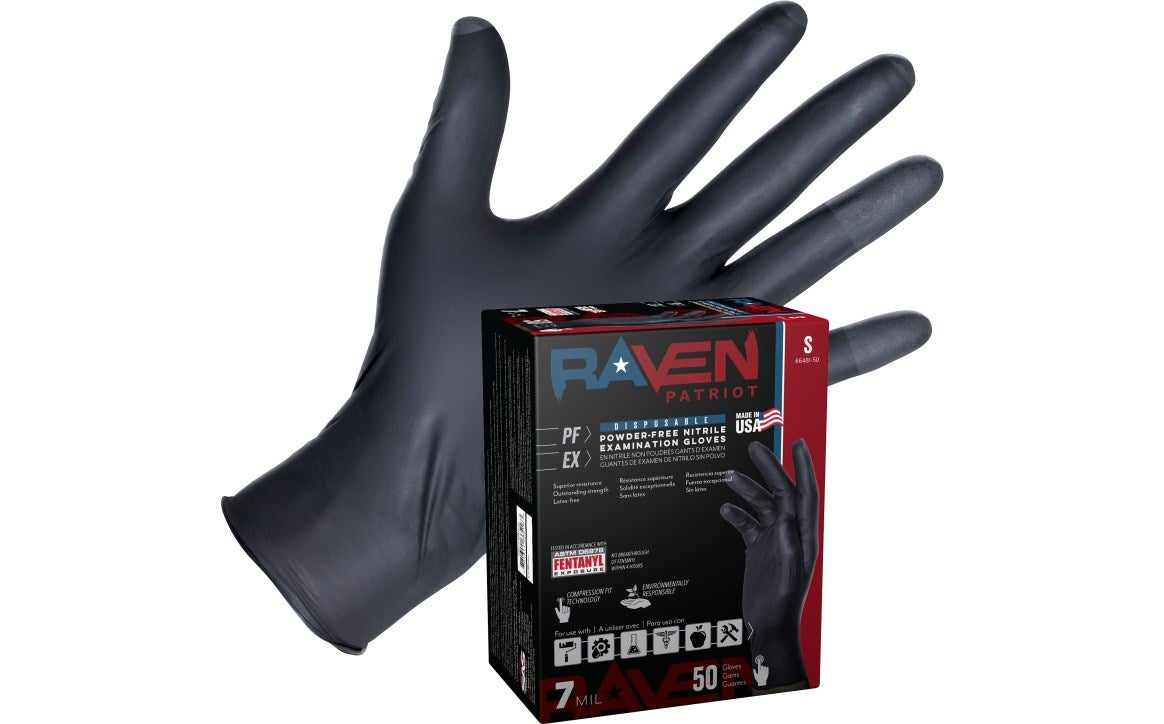 SAS Raven® Patriot Powder-Free 7 Mil Exam Grade, ASTM D6978 Fentanyl, Disposable Nitrile Gloves, Black, 50/bx - 12 bx/cs