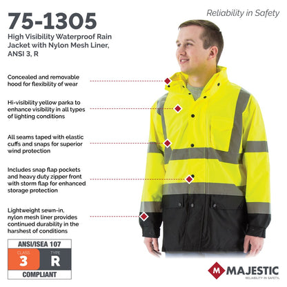 75-1305 Majestic Hi-Viz Waterproof Rain Jacket w Nylon Liner, ANSI 3 — 1 Each or 10 Each — FREE SHIPPING*