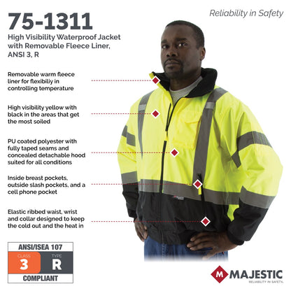 75-1312 Majestic Hi-Viz Orange Waterproof Jacket w Removable Liner, ANSI 3 — 1 Each or 10 Each — FREE SHIPPING*
