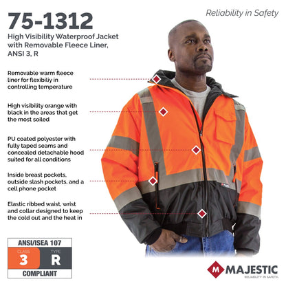 75-1311 Majestic Hi-Viz Waterproof Jacket w Removable Liner, ANSI 3 — 1 Each or 10 Each — FREE SHIPPING*