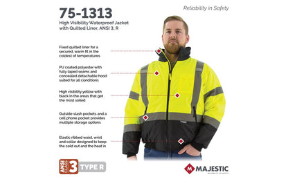 75-1313 Majestic Hi-Viz Waterproof Jacket with Quilted Liner, ANSI 3 — 1 Each or 10 Each — FREE SHIPPING*