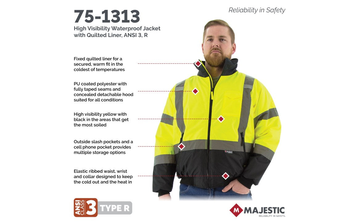 75-1314 Majestic Hi-Viz Waterproof Jacket with Quilted Liner, ANSI 3 — 1 Each or 10 Each — FREE SHIPPING*