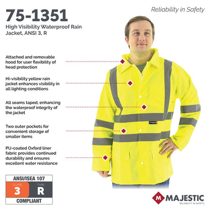 75-1351 Majestic Hi-Viz Waterproof Rain Jacket, ANSI 3 — 1 Each or 20 Each — FREE SHIPPING*