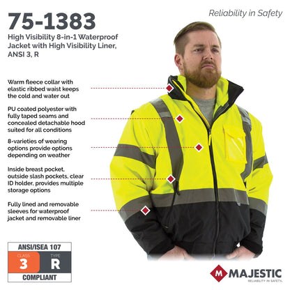 75-1383 Majestic Hi-Viz 8-in-1 Waterproof Jacket w Hi-Viz Liner, ANSI 3 — 1 Each or 10 Each — FREE SHIPPING*
