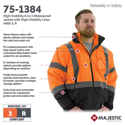 75-1383 Majestic Hi-Viz 8-in-1 Waterproof Jacket w Hi-Viz Liner, ANSI 3 — 1 Each or 10 Each — FREE SHIPPING*