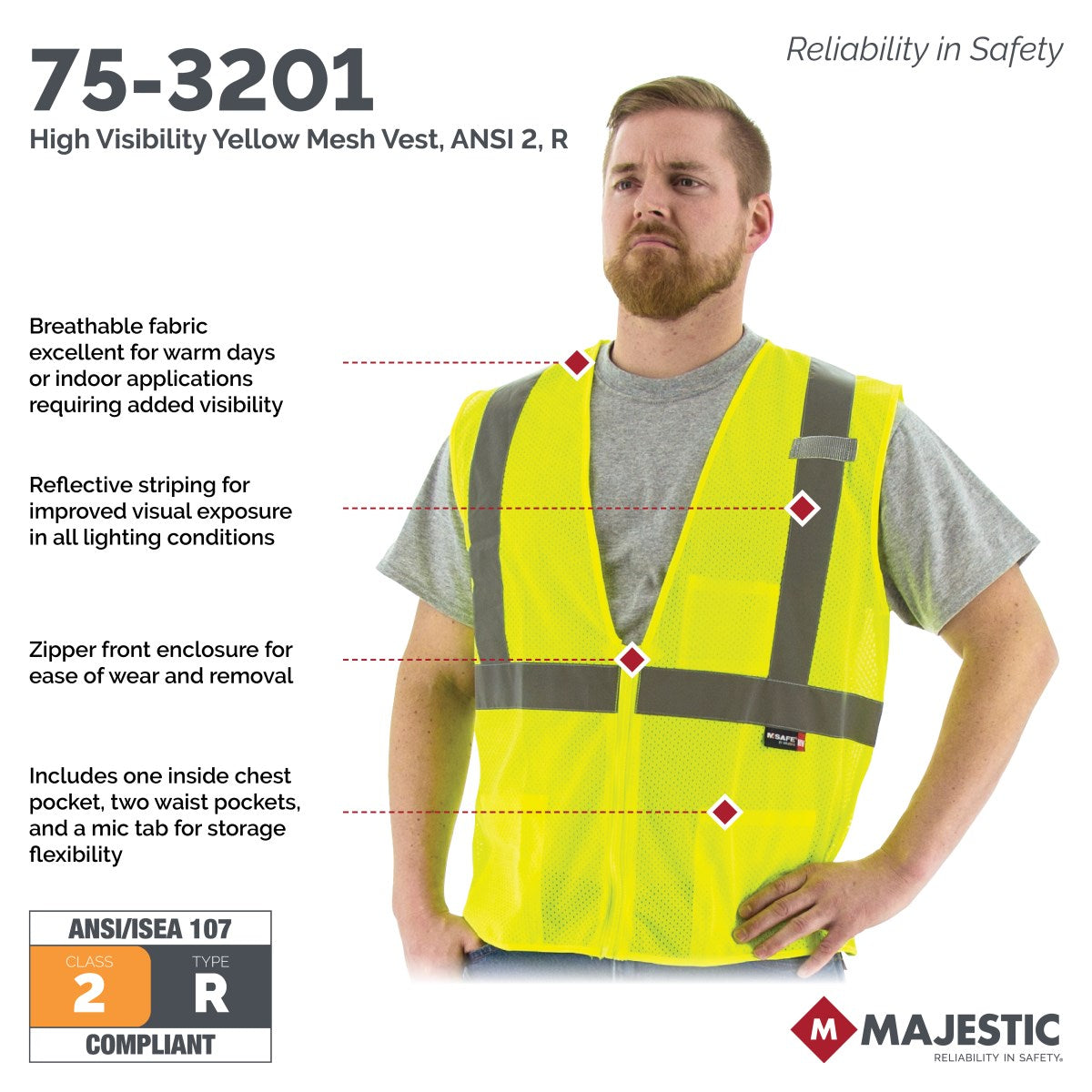75-3202 Majestic Hi-Viz Mesh Vest, ANSI 2 — 1 Each or 50 Each — FREE SHIPPING*
