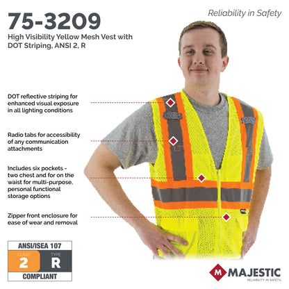 75-3210 Majestic Hi-Viz Mesh Vest with DOT Striping, ANSI 2 — 1 Each or 50 Each — FREE SHIPPING*
