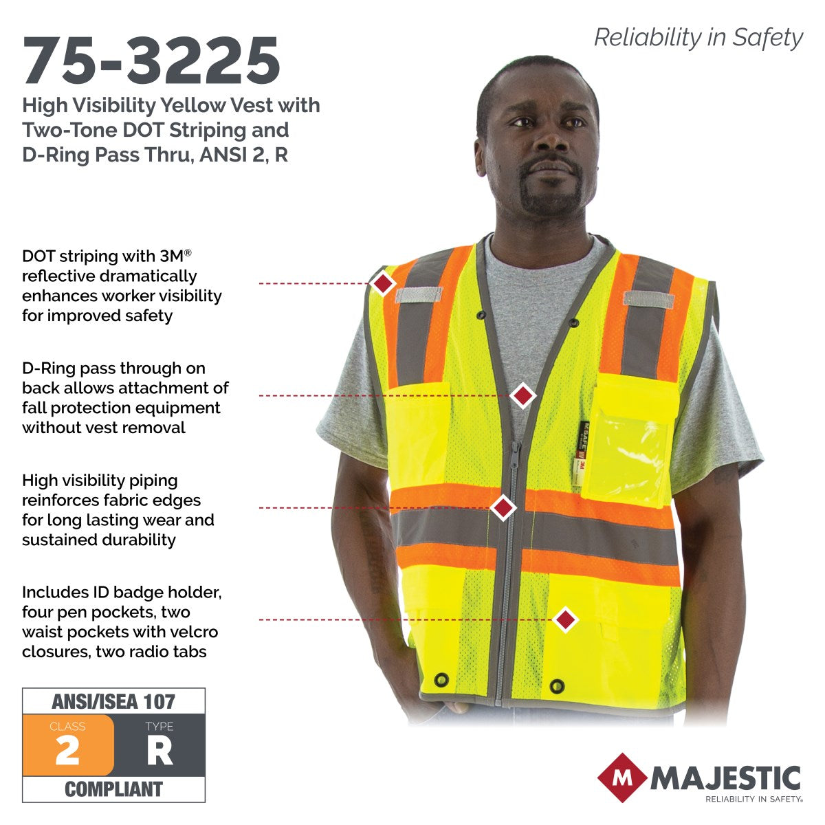 75-3226 Majestic Hi-Viz Vest w DOT Striping and D-Ring Pass, ANSI 2 — 1 Each or 50 Each — FREE SHIPPING*