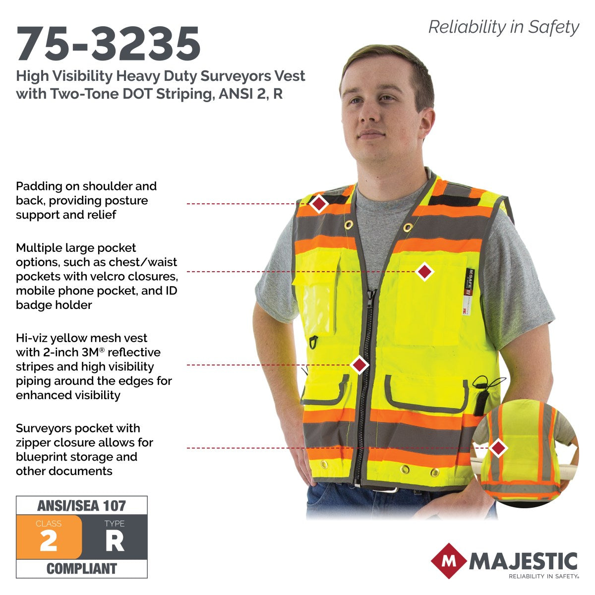 75-3236 Majestic Hi-Viz Heavy Duty Vest w DOT Striping, ANSI 2 — 1 Each or 25 Each — FREE SHIPPING*