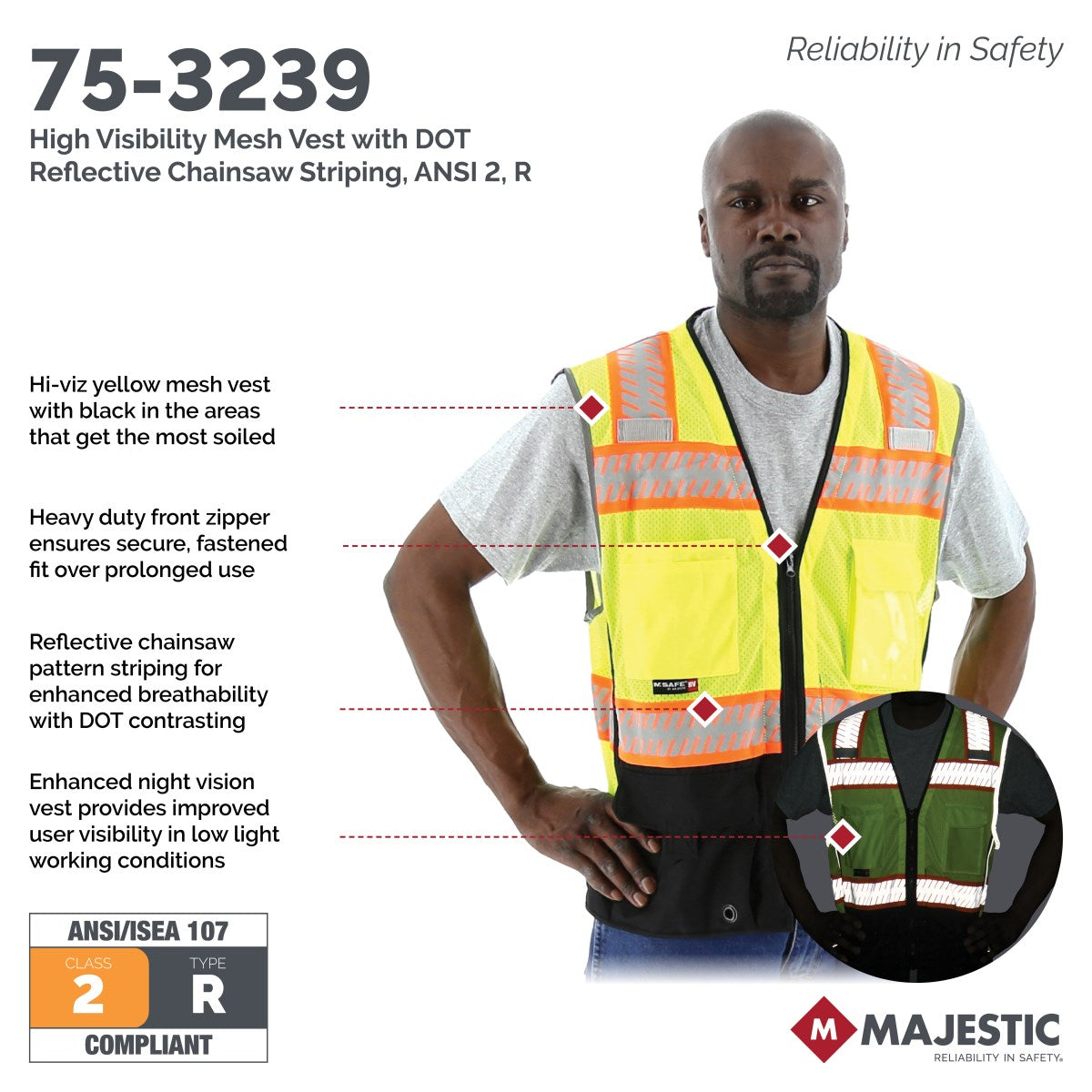 75-3240 Majestic Hi-Viz Mesh Vest w DOT Chainsaw Striping, ANSI 2 — 1 Each or 50 Each — FREE SHIPPING*