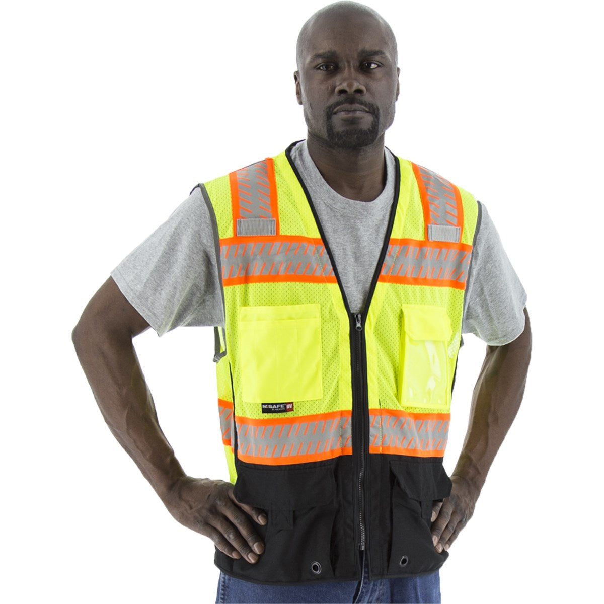 75-3249 Majestic Hi-Viz Yellow Mesh Vest w DOT Chainsaw Striping with Back Survey Pocket, ANSI 2 — 1 Each or 50 Each — FREE SHIPPING*