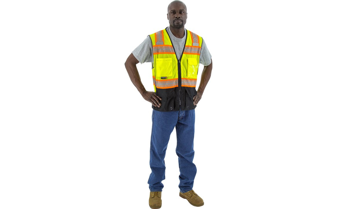 75-3249 Majestic Hi-Viz Yellow Mesh Vest w DOT Chainsaw Striping with Back Survey Pocket, ANSI 2 — 1 Each or 50 Each — FREE SHIPPING*